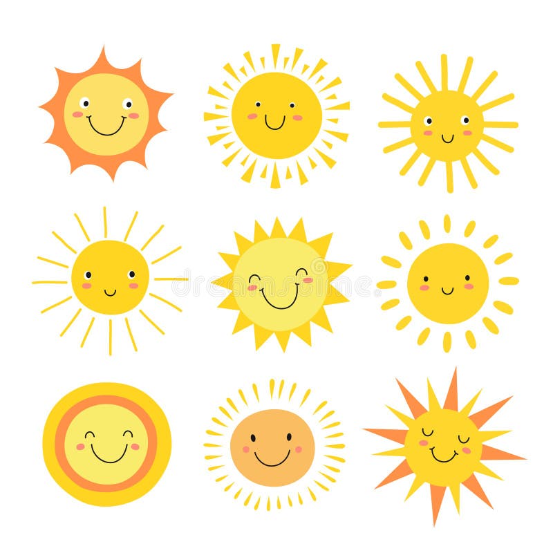 Emoji Солнца Смешная солнечность лета, смайлики утра младенца солнца счастливые Усмехаться мультфильма солнечный смотрит на значк иллюстрация вектора