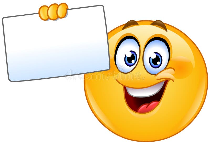 Happy emoji emoticon holding a blank white sign. Announcement emoticon vectors