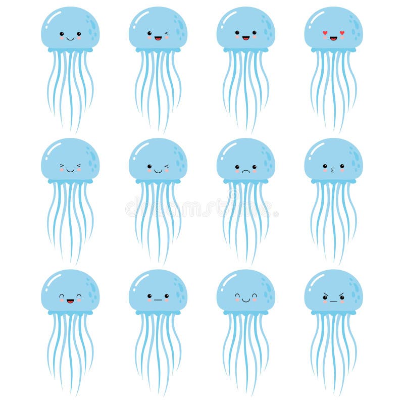 Emoticon degli autoadesivi delle meduse del fumetto del carattere di Emoji isolati illustrazioni stabilite delle azione di vettor illustrazione di stock Emoticon degli autoadesivi delle meduse del fumetto del carattere di Emoji isolati illustrazioni stabilite delle azione di vettor illustrazione di stock
