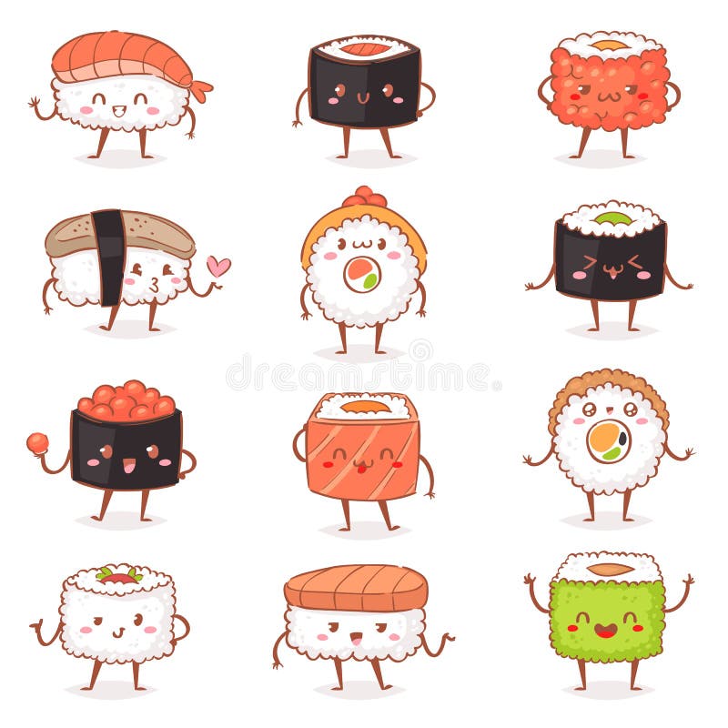 Emoticon del rotolo del sashimi dell'alimento di kawaiivector dei sushi o frutti di mare giapponesi di emoji di nigiri con riso n illustrazione vettoriale Emoticon del rotolo del sashimi dell'alimento di kawaiivector dei sushi o frutti di mare giapponesi di emoji di nigiri con riso n illustrazione vettoriale