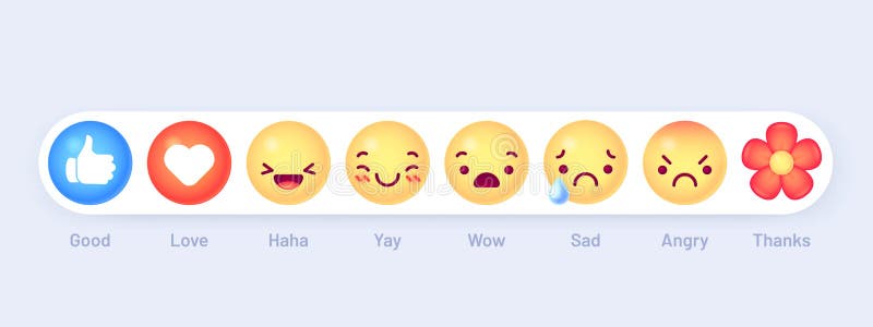 Emoticon emoji reactions. Social chat message mood buttons. Thumb up, love heart and haha, yay. Wow, sad and angry