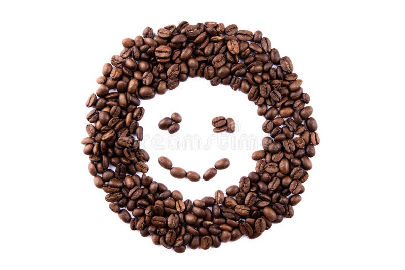 Emoticon Face Made of Coffee Beans on White Backgroud with Copyspace