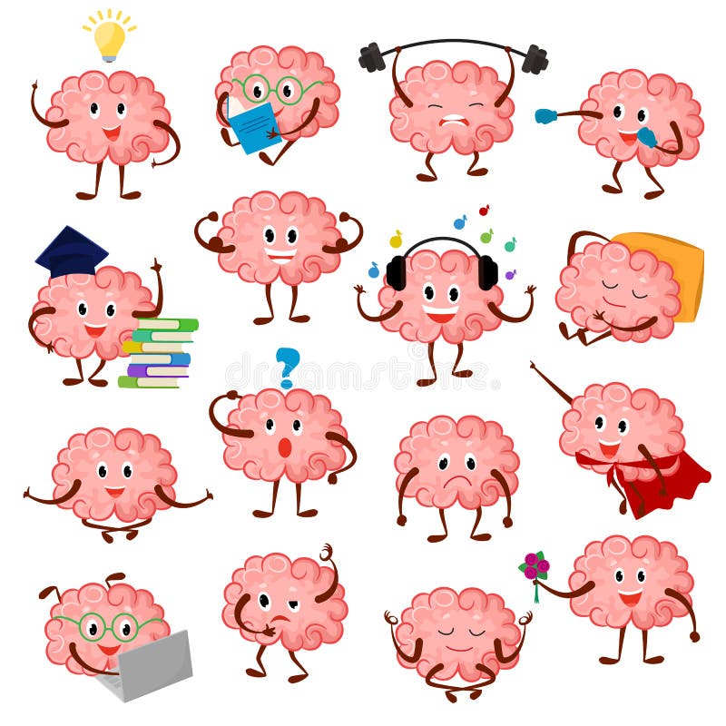 Emoticon intelligente di espressione di carattere del fumetto di vettore di emozione del cervello e emoji di intelligenza che stu