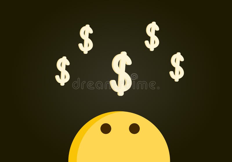 Emoticoncharakter Haupt, einen Stapel Dollarzeichen betrachtend, die über seinen Kopf fliegen Vektorillustration mit einem dunkle lizenzfreie abbildung Emoticoncharakter Haupt, einen Stapel Dollarzeichen betrachtend, die über seinen Kopf fliegen Vektorillustration mit einem dunkle lizenzfreie abbildung