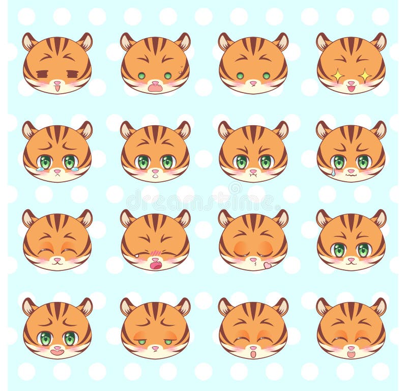 Emoticons, emoji, smileyreeks, kleurrijke Zoete van het kawaii anime beeldverhaal van Kitty Little leuke van de tijger verschille vector illustratie Emoticons, emoji, smileyreeks, kleurrijke Zoete van het kawaii anime beeldverhaal van Kitty Little leuke van de tijger verschille vector illustratie