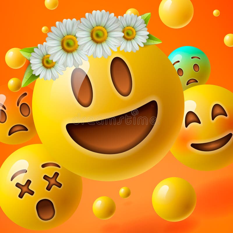 Emoticons with flower on head, background with group of smiley emoji