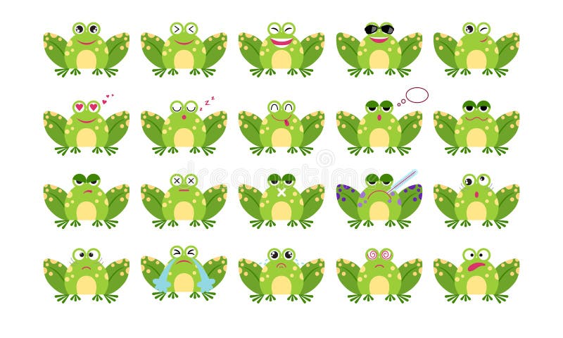 Emoticonsatz Frosch der Karikatur lustiger Lächeln, gebohrte, bezauberte, schläfrige, traurige, schreiende, kranke, verrückte und lizenzfreie abbildung Emoticonsatz Frosch der Karikatur lustiger Lächeln, gebohrte, bezauberte, schläfrige, traurige, schreiende, kranke, verrückte und lizenzfreie abbildung