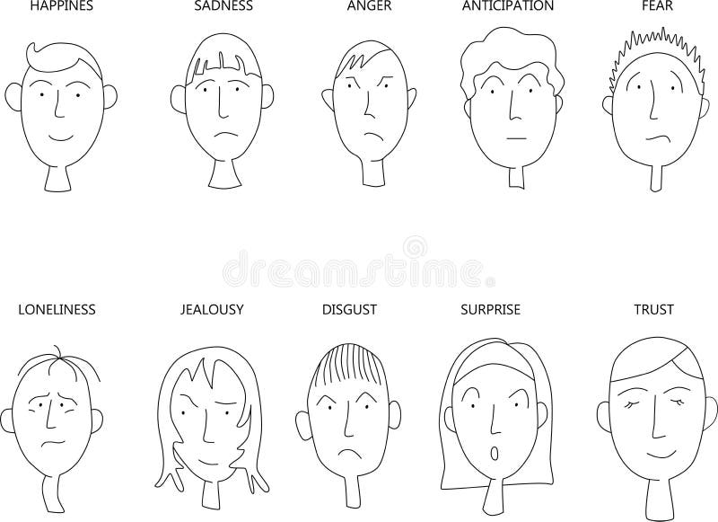 10 emotion character people face. Flat outline constructor isolated on white background. Set faces icons for design vector