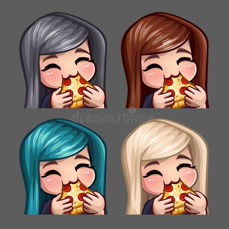 Emotion icons happy female eat pizza with long hairs for social networks and stickers