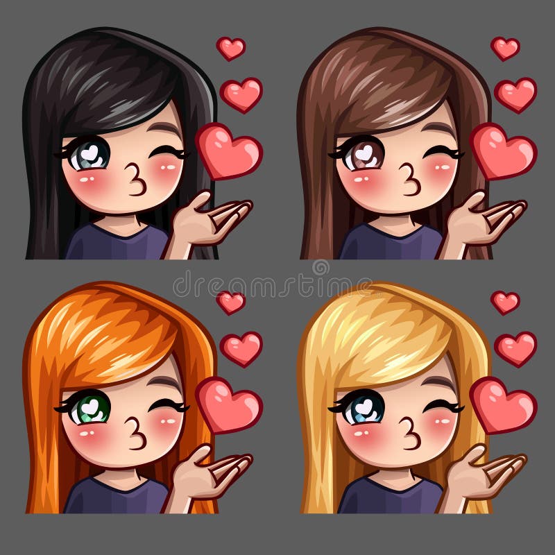 Emotion icons happy female kisses with long hairs for social networks and stickers