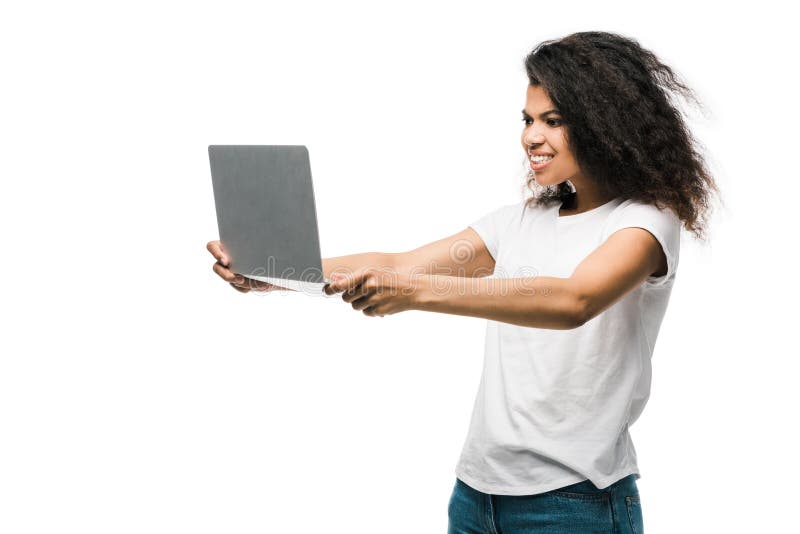 African American Woman Looking at Laptop Isolated on White Stock Photo 