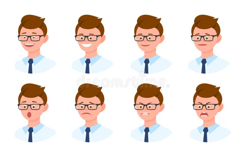 Emotional face cartoon character office man 3/4 side view vector. Happy, smiling, upset, surprised, sad, angry, eyeglasses person