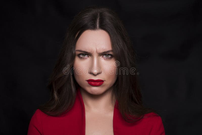 Emotional Head Shot Portrait Of A Brunette Caucasian Woman In Red Dress ...