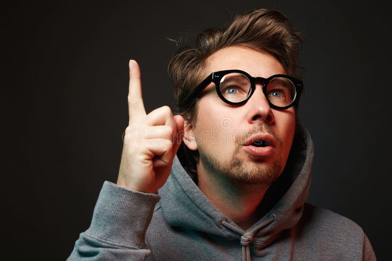 Emotional Man in Glasses. Funny Guy Having a Good Idea Stock Image