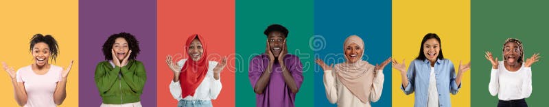 Emotional multicutural people gesturing on colorful backgrounds, collage, banner stock images