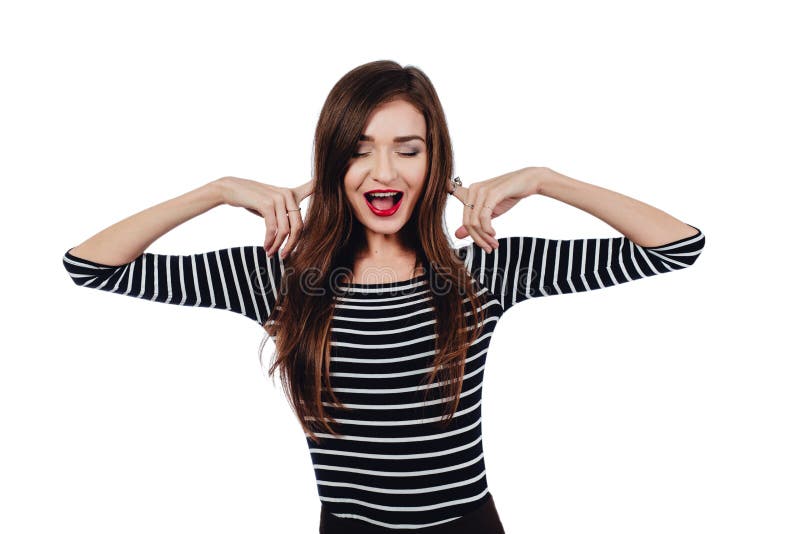 Emotional portrait Cute beautiful girl artist. . White background, isolated. Red lips, long hair brunette. stock images Emotional portrait Cute beautiful girl artist. . White background, isolated. Red lips, long hair brunette. stock images