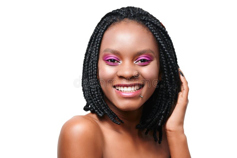 Emotional Portrait Of Happy African American Girl Pink Make Up Visage