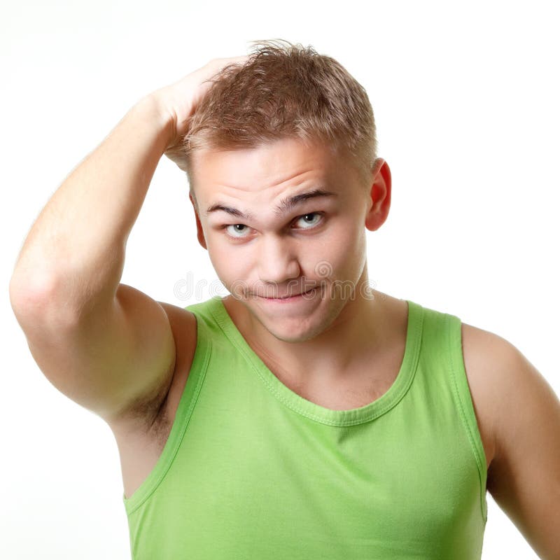 Emotionales durchdachtes Gesicht des jungen Mannes, Ausdrücke stellte über Weiß ein stockfotografie Emotionales durchdachtes Gesicht des jungen Mannes, Ausdrücke stellte über Weiß ein stockfotografie