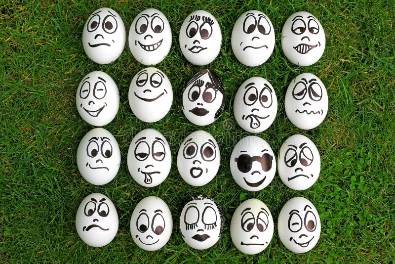 White eggs and many funny faces. White eggs and many funny faces