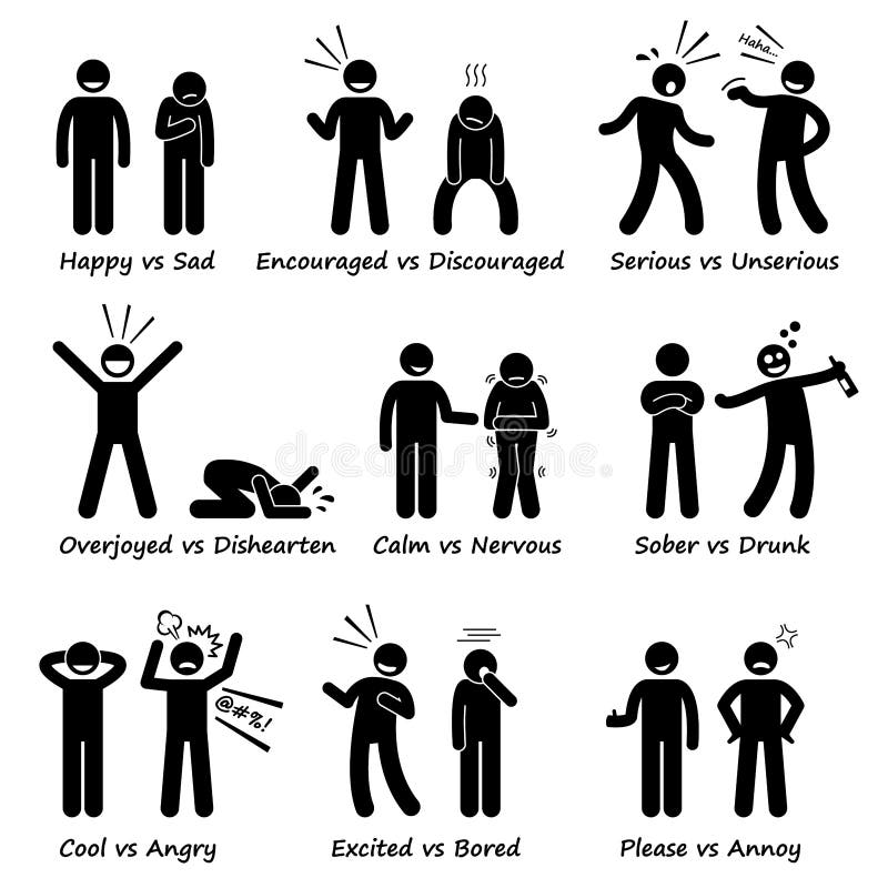 Emozioni opposte di sensibilità positive contro la figura negativa icone del bastone di azioni del pittogramma royalty illustrazione gratis Emozioni opposte di sensibilità positive contro la figura negativa icone del bastone di azioni del pittogramma royalty illustrazione gratis
