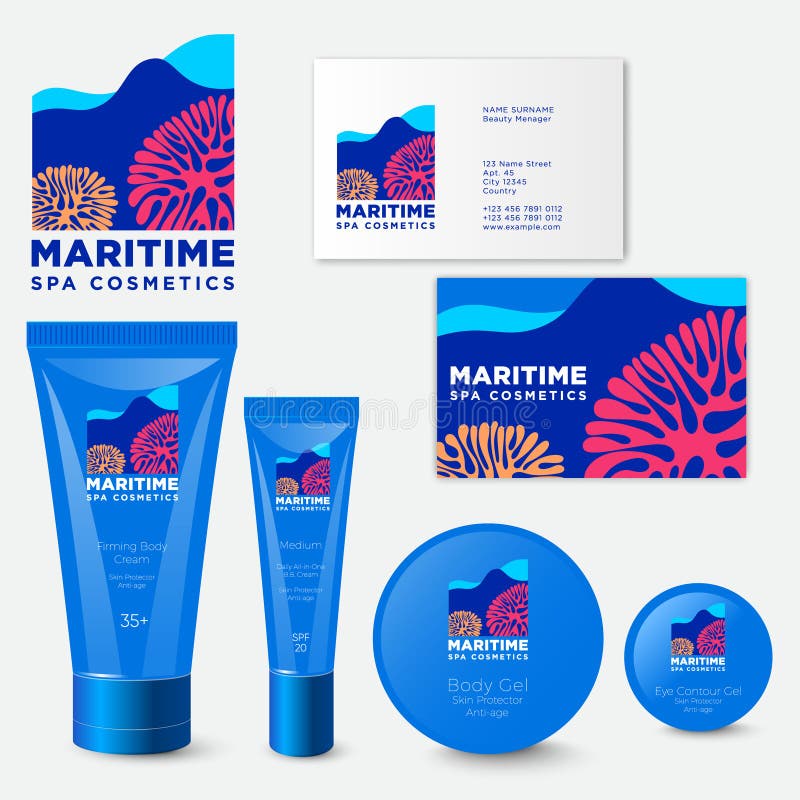 Empacotamento marítimo do cosmético dos termas Logotipo cosmético dos termas marítimos ilustração stock Empacotamento marítimo do cosmético dos termas Logotipo cosmético dos termas marítimos ilustração stock