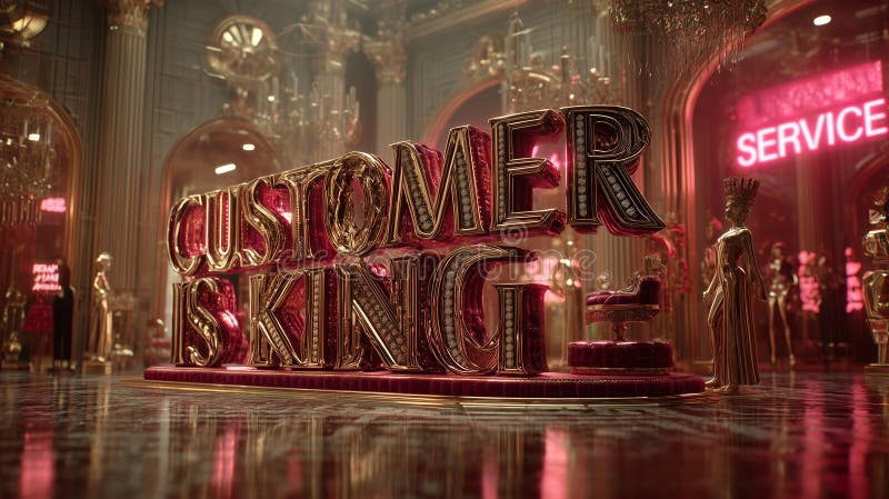 Grand display of CUSTOMER IS KING in shimmering golden letters at vibrant venue royalty free stock images
