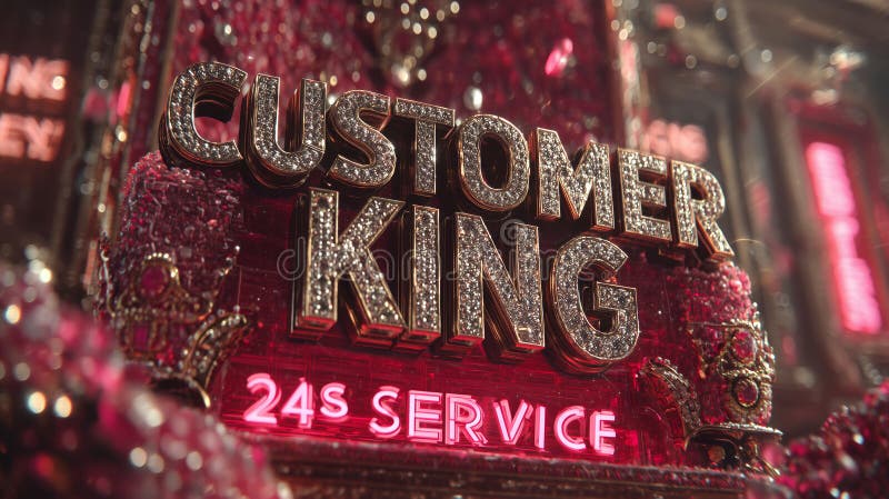 Grand display of CUSTOMER IS KING in shimmering golden letters at vibrant venue stock photo