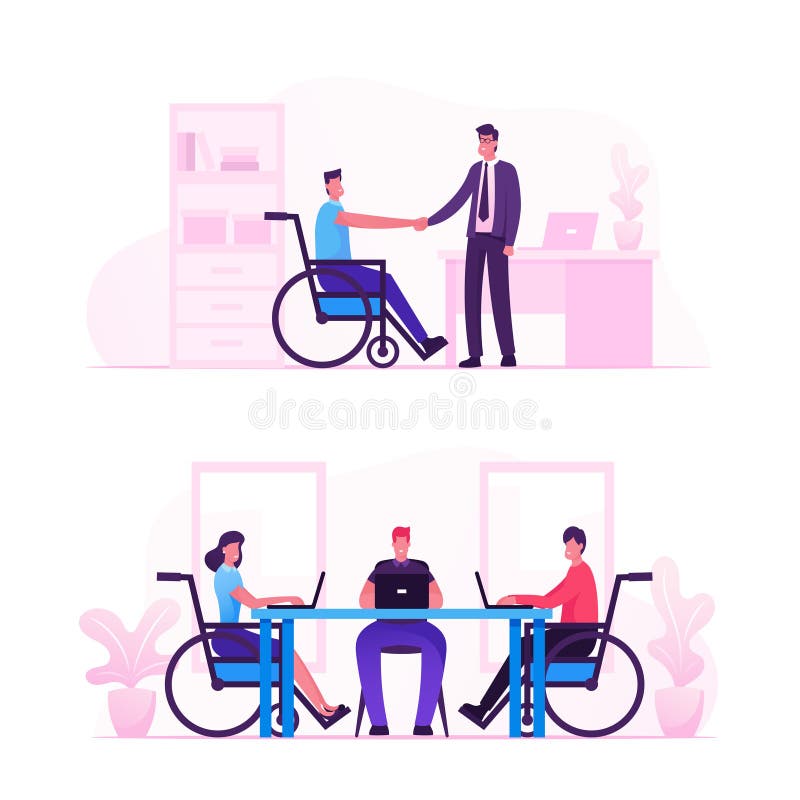 Emploi pour personnes handicapées, travail pour les personnes handicapées, concept d'embauche pour tous Caractère handicapé sur f illustration stock