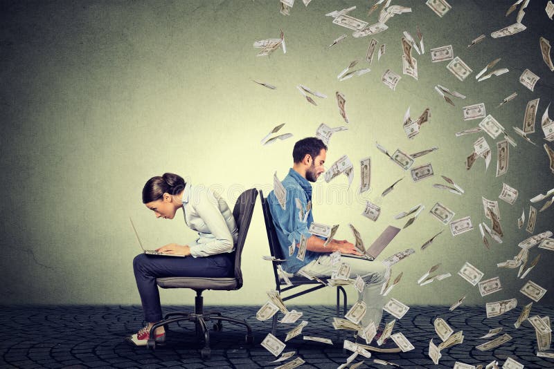 Employee compensation economy concept. Woman working on laptop sitting next to man under money rain. stock photo Employee compensation economy concept. Woman working on laptop sitting next to man under money rain. stock photo