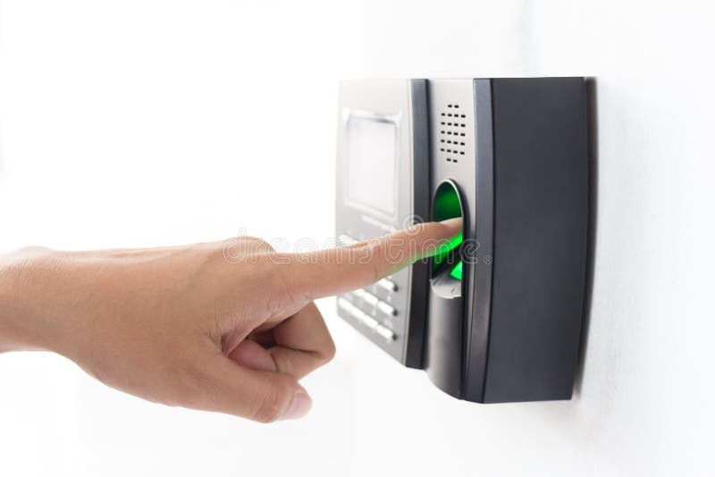 Employee scanning fingerprint to record working royalty free stock photo