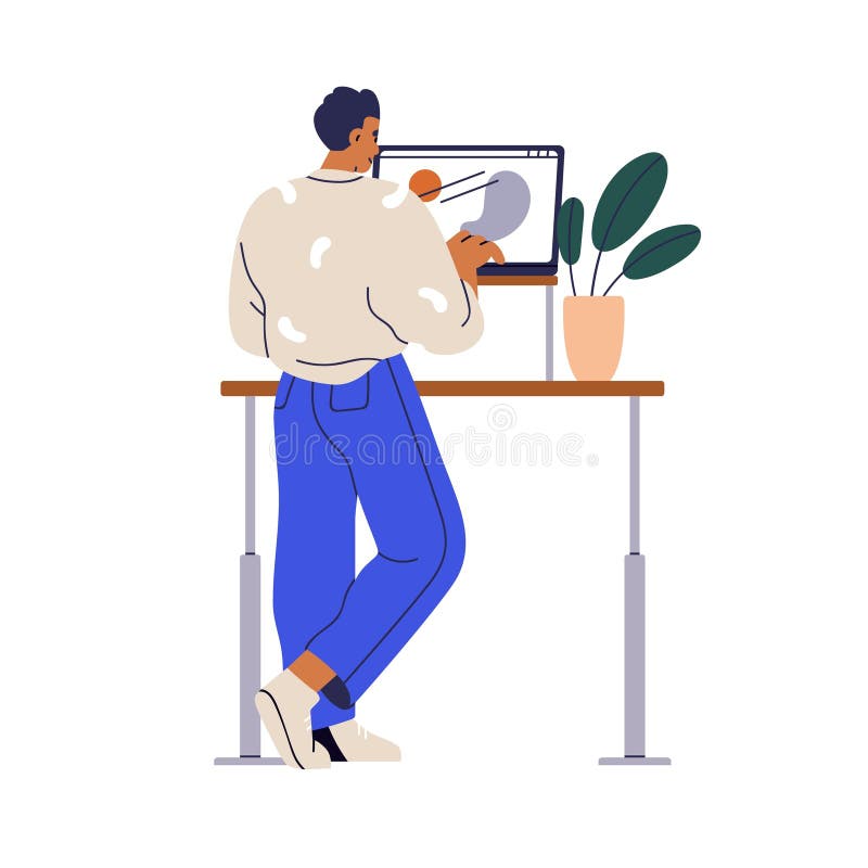 Employee at stand desk, comfortable workplace. Creative designer works at adjustable computer table. Digital artist at stock illustration