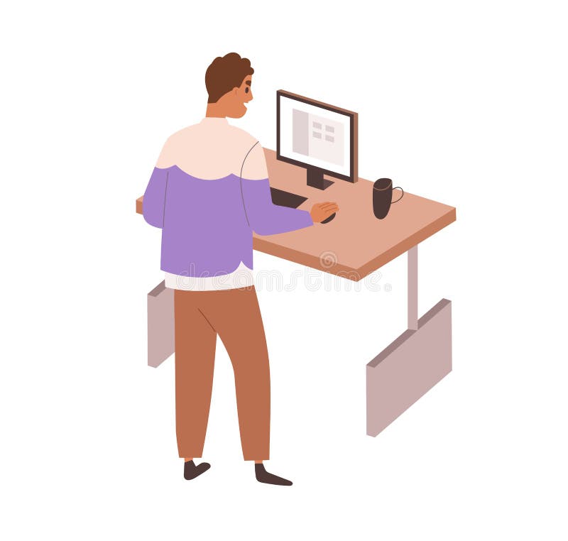 Employee in standing position at office table with adjustable height. Person working at computer at desk, ergonomic royalty free illustration
