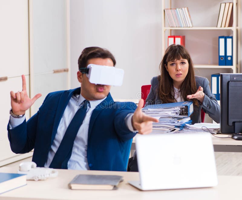 Employee with Virtual Reality Glasses in Office Stock Image Image of