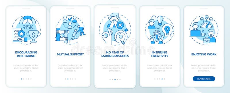 Employee wellness importance blue onboarding mobile app screen. Walkthrough 5 steps graphic instructions pages with linear concepts. UI, UX, GUI template. Myriad Pro-Bold, Regular fonts used. Employee wellness vectors