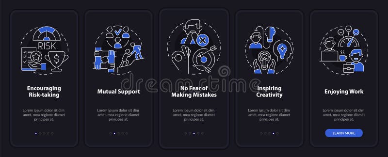 Employee wellness importance night mode onboarding mobile app screen. Walkthrough 5 steps graphic instructions pages with linear concepts. UI, UX, GUI template. Myriad Pro-Bold, Regular fonts used. Employee wellness vectors