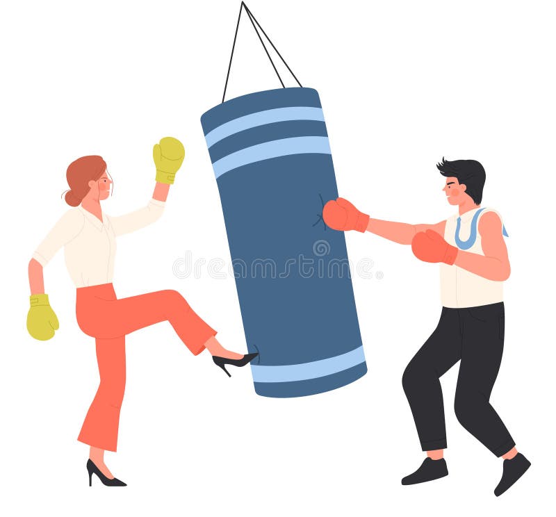 Employees boxing in office interior isolated vector illustration. Cartoon man and woman fighters in gloves hitting punching bag at corporate training, angry fight and challenge of two crazy characters. Employees boxing in office interior isolated vector illustration. Cartoon man and woman fighters in gloves hitting punching bag at corporate training, angry fight and challenge of two crazy characters