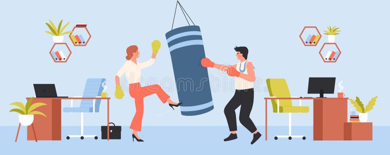 Employees boxing in office interior vector illustration. Cartoon man and woman fighters in gloves hitting punching bag at corporate training, angry fight and challenge of two crazy characters. Employees boxing in office interior vector illustration. Cartoon man and woman fighters in gloves hitting punching bag at corporate training, angry fight and challenge of two crazy characters