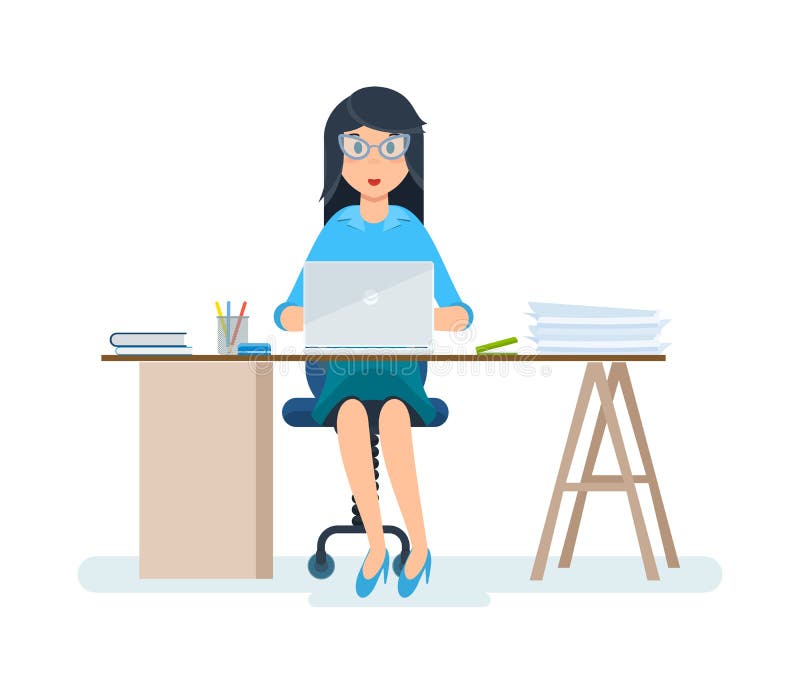 Employé de bureau, dans des vêtements stricts, fonctionnant à l'ordinateur dans le coffret illustration stock Employé de bureau, dans des vêtements stricts, fonctionnant à l'ordinateur dans le coffret illustration stock