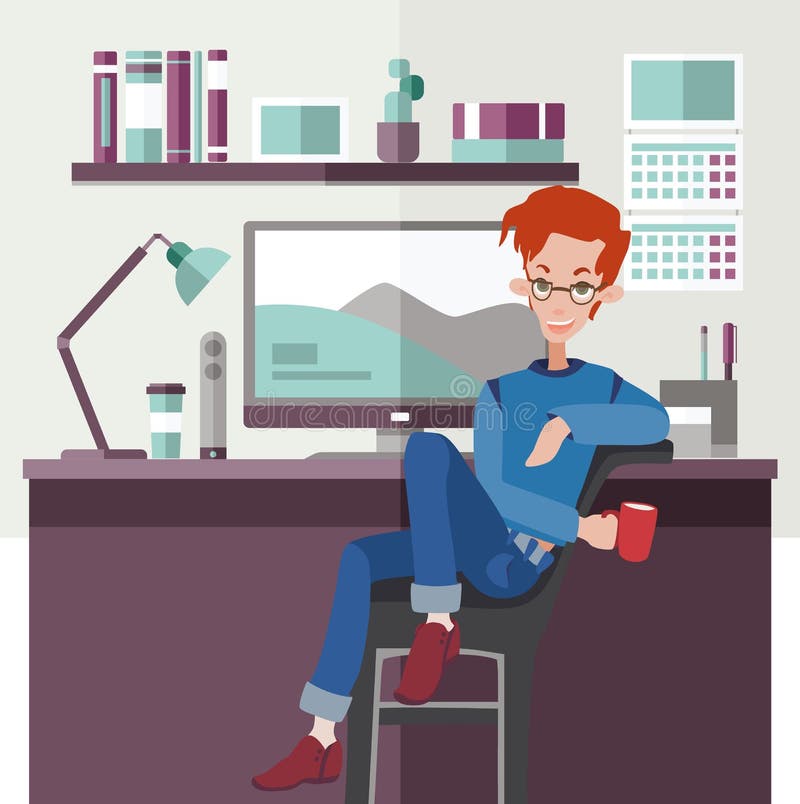 Employé de bureau ou indépendant au bureau Homme roux s'asseyant par la table et tenant une tasse rouge Vecteur plat coloré illustration libre de droits Employé de bureau ou indépendant au bureau Homme roux s'asseyant par la table et tenant une tasse rouge Vecteur plat coloré illustration libre de droits