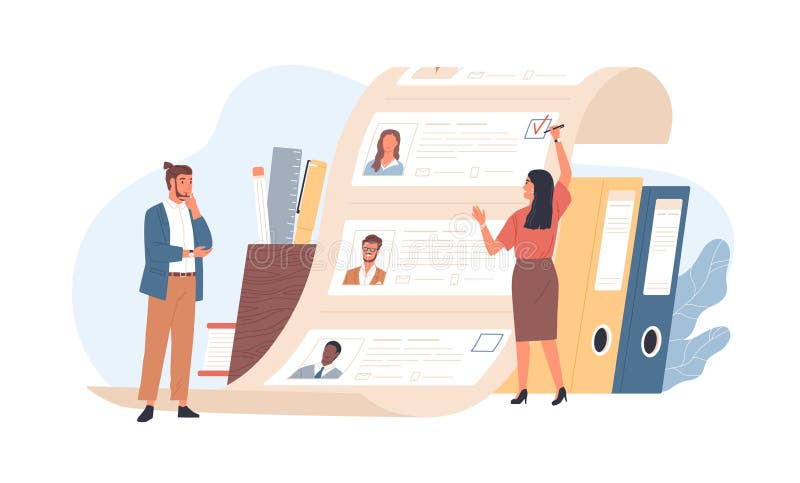 Employés de bureau d'homme et de femme se tenant devant la liste de demandeurs de travail Concept de choix de travailleur ou de p illustration stock Employés de bureau d'homme et de femme se tenant devant la liste de demandeurs de travail Concept de choix de travailleur ou de p illustration stock