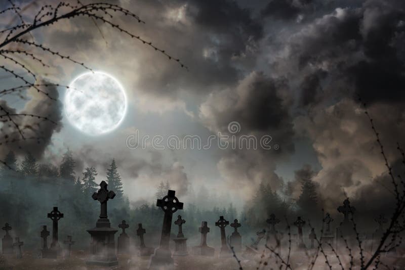 Misty graveyard with old creepy headstones under full moon on Halloweeen. Misty graveyard with old creepy headstones under full moon on Halloweeen