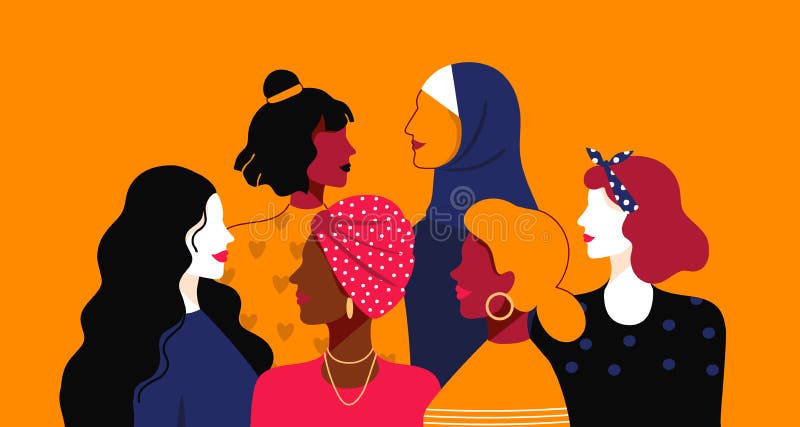 Empoderamiento de la mujer. dibujos animados de diferentes nacionalidades y religiones. unión de hermandad de la comunidad de pode
