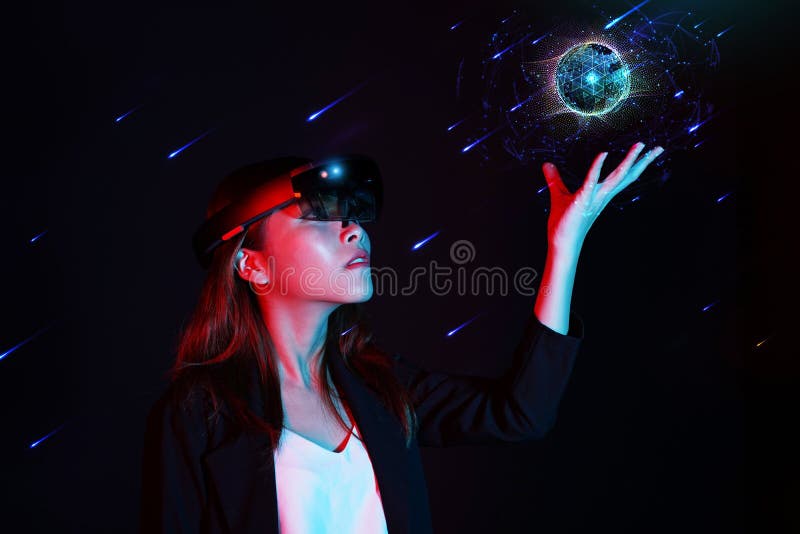 Empowered women in innovate modern technology - Young business girl trying mixed reality with hololens 1 - Virtual and stock photos Empowered women in innovate modern technology - Young business girl trying mixed reality with hololens 1 - Virtual and stock photos