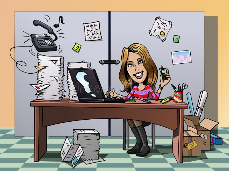 Cartoon-style illustration: a busy smiling young employee in her office, working hard. Cartoon-style illustration: a busy smiling young employee in her office, working hard