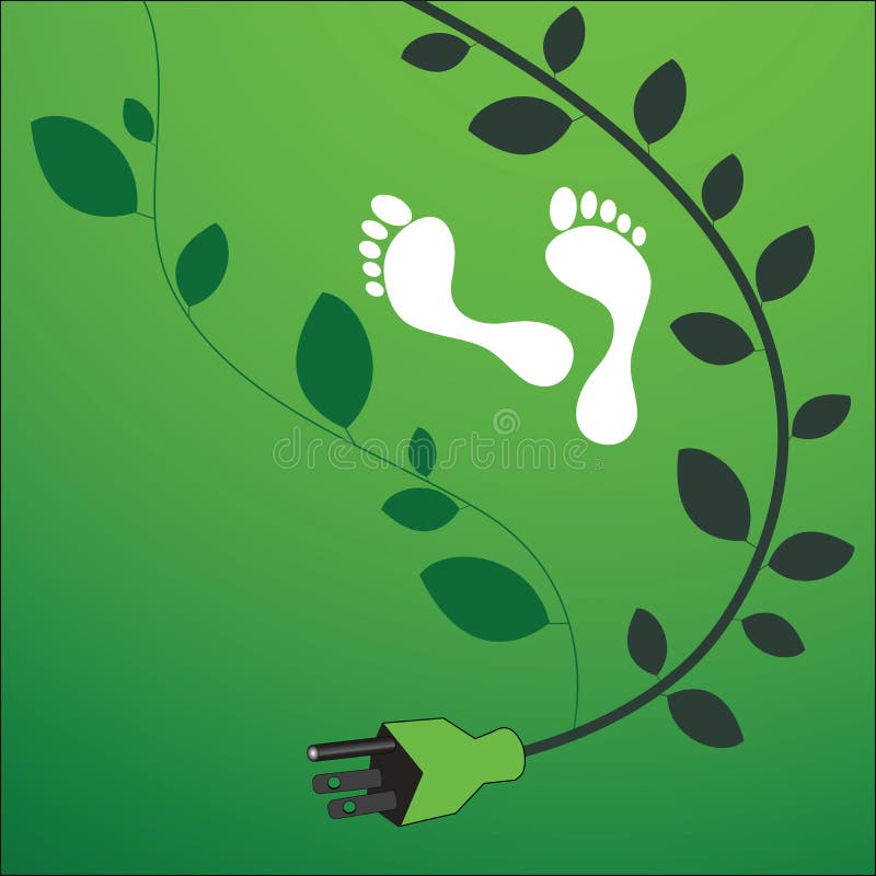 Environmental footprint with powercord with leaves - human responsibility. Environmental footprint with powercord with leaves - human responsibility