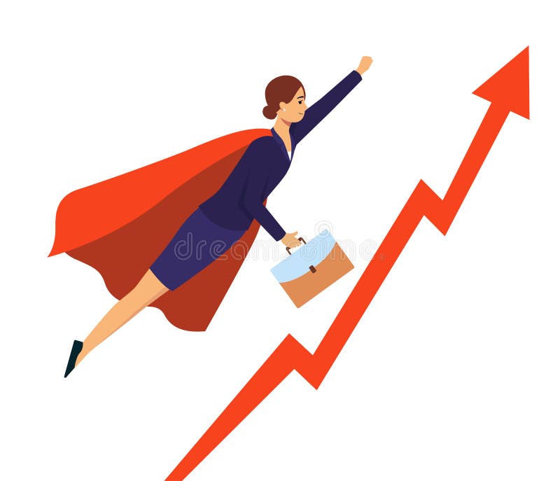 Empresaria en el vuelo del traje del super héroe al éxito, gráfico rojo con la flecha de levantamiento y mujer de la historieta e stock de ilustración Empresaria en el vuelo del traje del super héroe al éxito, gráfico rojo con la flecha de levantamiento y mujer de la historieta e stock de ilustración