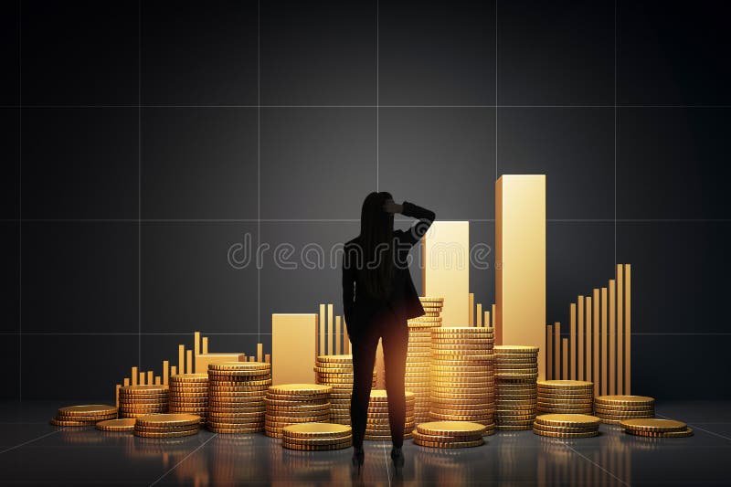 Empresaria pensando frente a las pilas de monedas de oro y gráfico de barras sobre fondo oscuro que representa crecimiento financi imagen de archivo libre de regalías