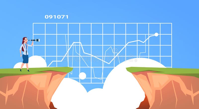 Empresaria que mira derecho con binocular en diagrama del negocio sobre el concepto de la evaluación de riesgos de la montaña del ilustración del vector Empresaria que mira derecho con binocular en diagrama del negocio sobre el concepto de la evaluación de riesgos de la montaña del ilustración del vector