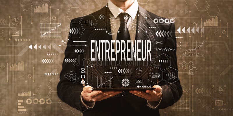 Empresario con el hombre de negocios que sostiene una tableta stock de ilustración Empresario con el hombre de negocios que sostiene una tableta stock de ilustración