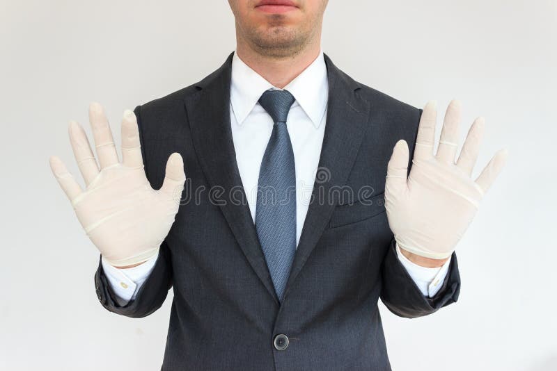 Hombre Con Traje Que Lleva Guantes Blancos De Látex En Las Manos Imagen de  archivo - Imagen de medicina, primer: 176475347